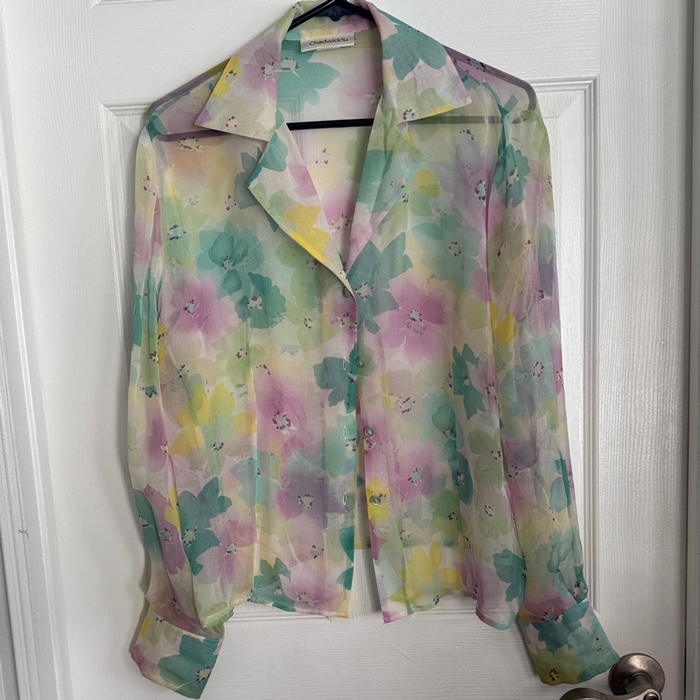 Chadwicks Pastel Floral Sheer Blouse in Mint, Lavender, Yellow